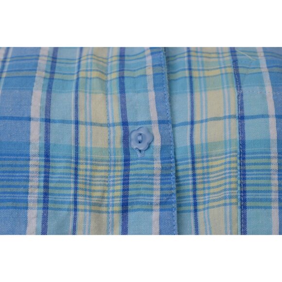 Vintage 90s White and Blue Cotton/Poly Plaid‎ Button Down Blouse - Picture 7 of 10